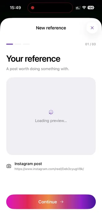 Helpie’s “Your reference” screen with the Instagram post attached.