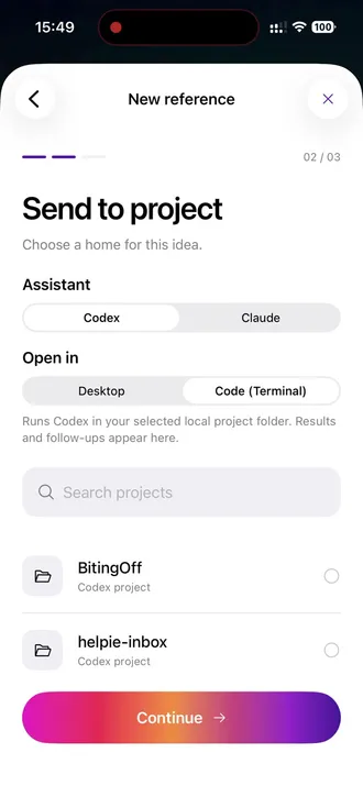 The “Send to project” screen with the assistant and “Open in” choices.